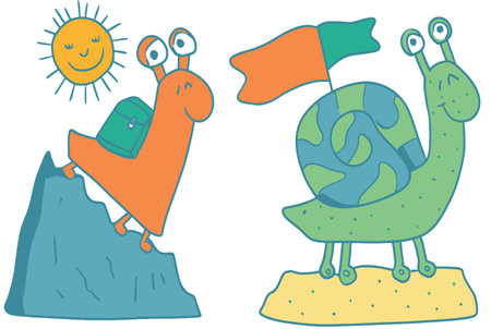 Bright and whimsical illustration of two cartoon snails, one climbing a mountain and the other displaying a friendly flag, perfect for children's themes.のイラスト素材