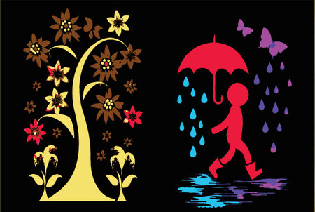 This vibrant vector illustration features a whimsical tree design and a child walking with an umbrella amidst raindrops, creating a charming and cheerful scene.のイラスト素材