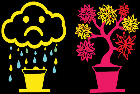 This vector illustration features a sad cloud raining on a pot with a vibrant flowering tree. The bright colors create a striking contrast, symbolizing emotions.のイラスト素材