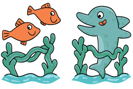 A delightful illustration featuring a cheerful dolphin and two smiling fish in a colorful underwater setting, perfect for children's projects or educational materials.のイラスト素材