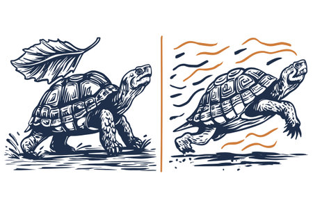 A captivating illustration showcasing a tortoise carrying a leaf and demonstrating dynamic motion. This artwork highlights the contrast between slow and fast movement, embodying themes of nature and wildlife.のイラスト素材