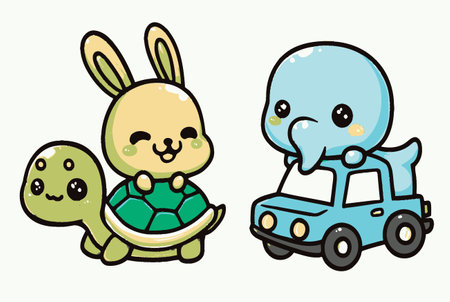 Adorable vector illustration featuring a cute bunny and turtle in a playful adventure with a cheerful whale riding a small blue car. Perfect for kids' designs!のイラスト素材