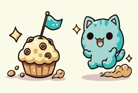 This delightful illustration features a cute cartoon cat beside a scrumptious cupcake, radiating joy...