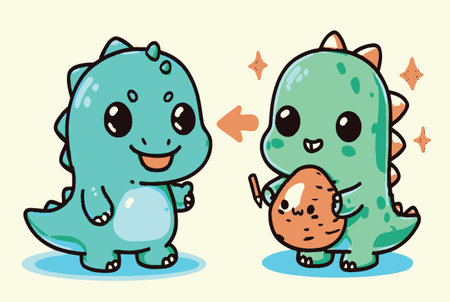 Adorable cartoon dinosaurs holding a cookie, featuring vibrant colors and playful expressions. Perfect for children's projects, decorations, and fun artwork.のイラスト素材