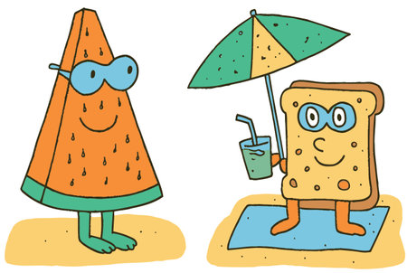 Adorable vector illustration featuring a smiling watermelon and a cheerful sandwich enjoying a sunny beach day under an umbrella. Perfect for summer themes!のイラスト素材