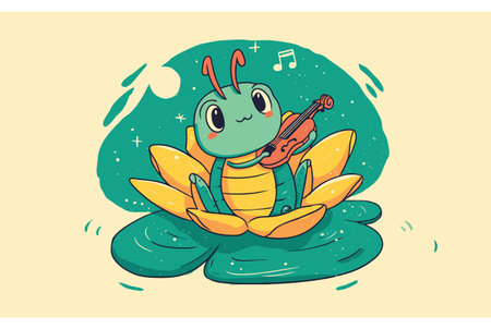 Adorable cartoon insect joyfully playing a violin while sitting on a water lily, surrounded by tranquility. Perfect for nature-themed art and cheerful designs.のイラスト素材