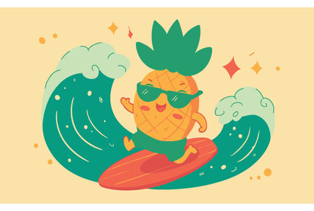 This vibrant illustration features a cheerful pineapple character surfing on a wave, wearing sunglasses. Perfect for summer-themed projects, it embodies fun and adventure in a playful way.のイラスト素材