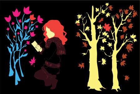 This captivating illustration features a girl interacting with vibrant trees and colorful leaves, showcasing a blend of nature and creativity. Perfect for artistic projects!のイラスト素材