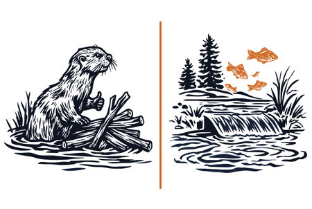 This intricate illustration features a playful otter among logs alongside a serene river landscape with fish, trees, and aquatic plants, capturing the essence of nature.のイラスト素材