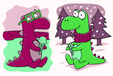 This charming illustration features two adorable dinosaur characters enjoying ice cream in vibrant colors, perfect for children's themes and playful designs.のイラスト素材