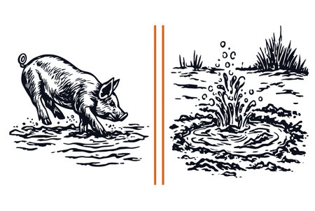 Charming illustration of a playful pig splashing in water, creating ripples. This vector art captures the joy of nature and rural scenes with delightful detail.のイラスト素材