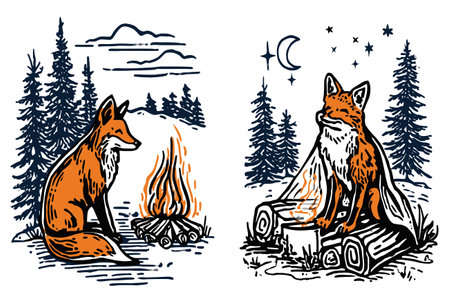 This charming vector illustration features a serene fox sitting by a glowing campfire in a tranquil night setting among trees and stars.のイラスト素材