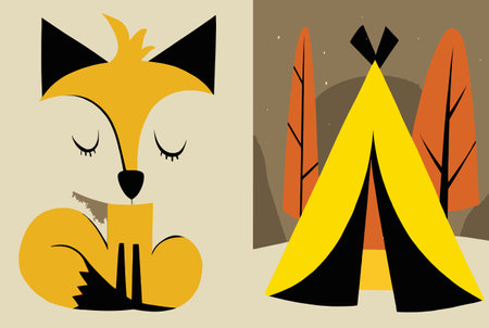 Discover a charming vector illustration featuring a playful fox beside a cozy tent, perfect for children's decor and outdoor themes. This colorful artwork brings a whimsical and adventurous spirit to any space.のイラスト素材
