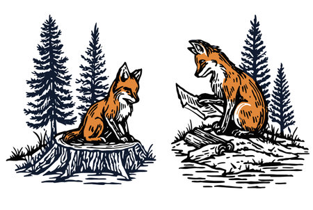 Charming fox illustration in a woodland environment. The fox is depicted sitting on a tree stump and reading, set against a backdrop of trees. Ideal for nature-themed art.のイラスト素材