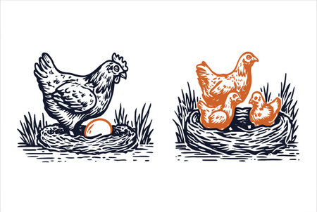 A charming vintage vector illustration depicting a hen in a nest with an egg, along with fluffy chicks nearby. Perfect for farm or nature-themed projects.のイラスト素材