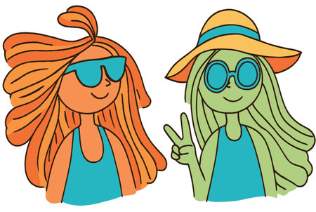 This colorful vector illustration features two stylish girls wearing sunglasses. Their playful expressions and trendy outfits capture the essence of summer fun and friendship.のイラスト素材