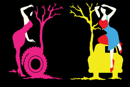 This striking vector illustration features abstract silhouettes of women interacting with nature elements. Perfect for modern art projects, advertisements, or design themes.のイラスト素材