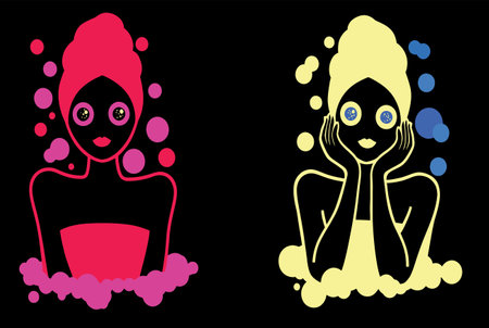 Attractive vector illustration featuring two playful women in a bath with bubbles. Perfect for beauty, spa, and wellness themes in design projects.のイラスト素材