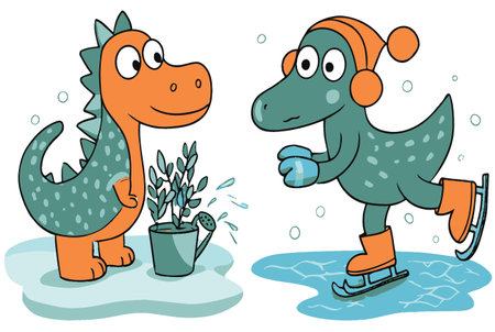 Adorable illustration featuring two cheerful dinosaurs engaging in fun activities. One dinosaur skates on ice while the other waters a plant, capturing a playful winter scene.のイラスト素材