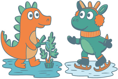 This vibrant illustration features two friendly cartoon dinosaurs, one gardening and the other ice skating, showcasing a playful winter scene. Perfect for childrens themes!のイラスト素材