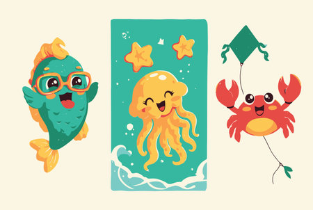 Bring joy to any project with this adorable illustration of cute cartoon sea creatures, featuring a smiling jellyfish, playful crab, and cheerful fish, perfect for childrens art.のイラスト素材
