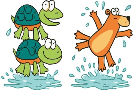 Whimsical cartoon illustration featuring playful turtles balancing on top of each other while a cheerful bear splashes in water. Perfect for children's themes.のイラスト素材