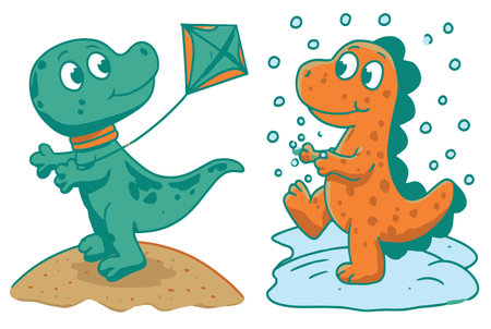 This vibrant vector illustration features two cheerful dinosaurs enjoying playtime, one with a kite and the other having fun in the snow. Perfect for children's designs.のイラスト素材
