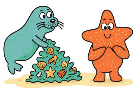 This delightful illustration features a cute seal playfully climbing a pile of colorful shells next to a smiling starfish. Perfect for children's designs or marine-themed projects.のイラスト素材