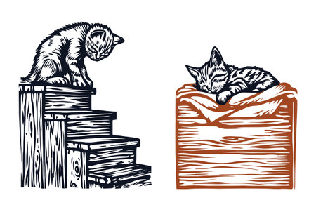 Discover charming vector illustrations of playful and sleepy kittens, perfect for adding warmth and cuteness to any project. Ideal for pet lovers!のイラスト素材