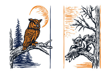 Captivating vector illustration featuring two owls perched on branches, showcasing their unique details and textures in a vivid artistic style. Perfect for nature lovers.のイラスト素材
