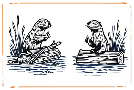 This charming vector illustration features beavers in a natural setting. Ideal for nature-themed projects, it highlights wildlife and playful animal gestures.のイラスト素材