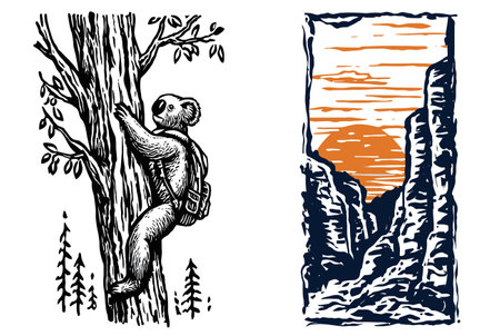 This vector illustration features a charming koala climbing a tree, set against a beautiful sunset landscape. Ideal for nature-themed designs.のイラスト素材