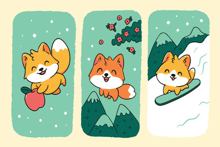 Discover charming illustrations of playful fox characters enjoying nature, snowboarding, and experiencing joy in vivid colors and adorable designs.のイラスト素材