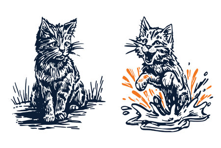 This vector illustration features two playful cats, one sitting gracefully and the other joyfully splashing in water. Perfect for animal lovers.のイラスト素材