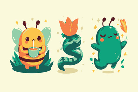 Whimsical vector art featuring a cheerful bee enjoying a drink, a vibrant flower, and an animated green creature, perfect for children's themes and playful designs.のイラスト素材