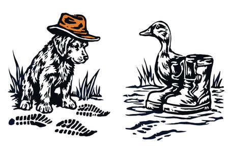 Charming illustration featuring a cute dog wearing a hat and a duck beside a pair of boots, set in a grassy landscape. Perfect for animal lovers.のイラスト素材
