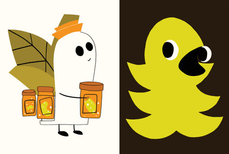 Explore a playful vector illustration featuring a charming character holding jars and a cute bird design. Perfect for children's art or fun themes.のイラスト素材