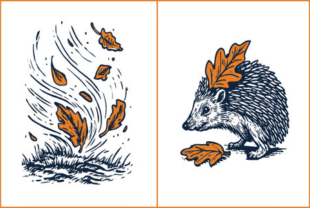 Enchanting vector illustration featuring a charming hedgehog and swirling autumn leaves. Perfect for nature-themed projects, illustrations, or decor.のイラスト素材