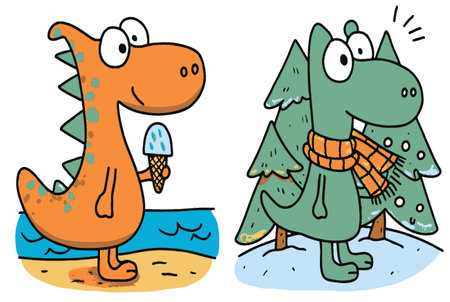 Two adorable cartoon dinosaurs showcase seasonal fun, one with ice cream on the beach and the other bundled up in a scarf amidst snowy trees. Perfect for kids art!のイラスト素材