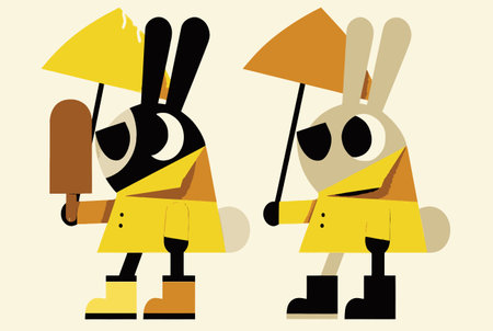 Discover playful bunny characters dressed in yellow raincoats, holding ice cream and umbrellas. A cheerful illustration perfect for children's themes and fun designs.のイラスト素材