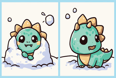 This charming illustration features a cute dinosaur character joyfully playing in a snowy landscape, capturing the essence of winter fun and imagination.のイラスト素材