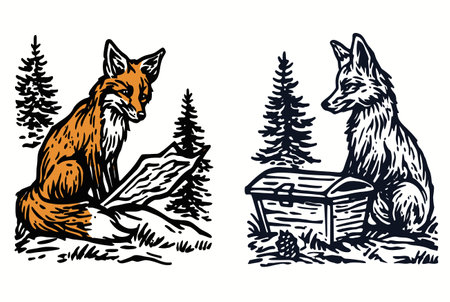 Charming vector illustration depicting two foxes, one reading a treasure map while the other observes a treasure chest. Perfect for wildlife and nature themes.のイラスト素材