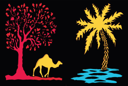 A vibrant vector illustration featuring a camel near a tree and a palm tree by water, showcasing a colorful desert landscape that bursts with creativity.のイラスト素材