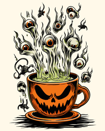 This Halloween-themed illustration features a pumpkin cup bubbling with eerie green brew, rising eyes, and creepy creatures, perfect for spooky festivities.のイラスト素材