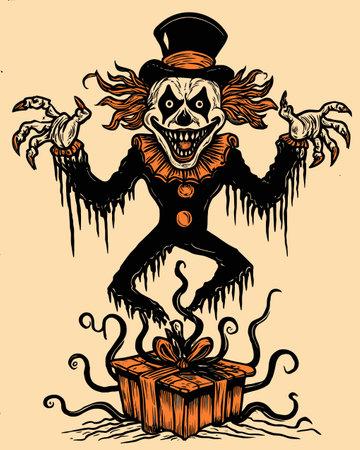 A chilling illustration of a creepy clown emerging from a gift box, surrounded by ominous tentacles. Perfect for Halloween-themed art and designs.のイラスト素材