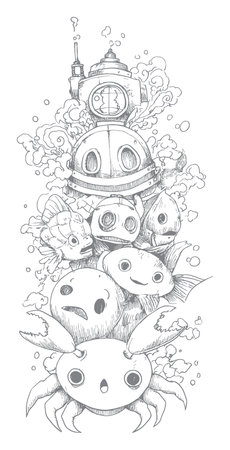 This captivating hand-drawn doodle features whimsical underwater creatures, a clock, and playful designs. Perfect for art lovers seeking inspiration and creativity.のイラスト素材