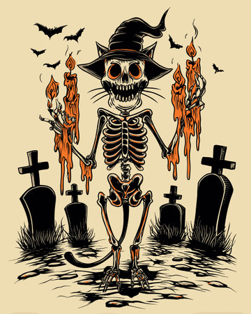 A whimsical Halloween illustration featuring a skeleton cat holding dripping candles in a graveyard setting, surrounded by eerie bats and gravestones. Perfect for festive themes!のイラスト素材