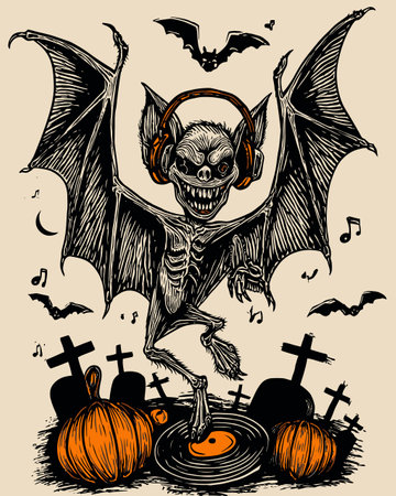 This unique Halloween illustration features a dancing bat with headphones, surrounded by pumpkins and gravestones, perfect for festive decor or party themes.のイラスト素材