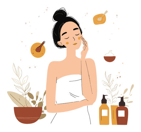 This stylish illustration depicts a serene woman in a skincare routine, surrounded by natural products, embodying beauty and self-care in a minimalist design.のイラスト素材