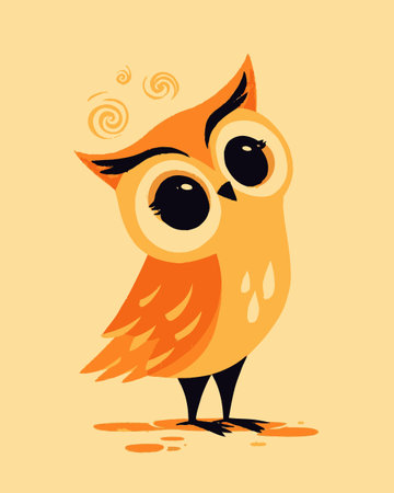 Discover a charming cartoon owl illustration with vibrant orange hues and expressive eyes. Perfect for kids' decor, educational materials, or playful designs.のイラスト素材